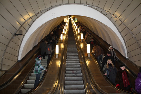 Escalator on St Petersburg Metro, St.Petersburg, Russia