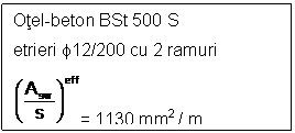 Text Box: Otel-beton BSt 500 S
etrieri f12/200 cu 2 ramuri
 = 1130 mm2 / m 
