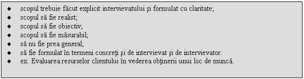 Text Box: . scopul trebuie facut explicit intervievatului si formulat cu claritate;
. scopul sa fie realist;
. scopul sa fie obiectiv;
. scopul sa fie masurabil;
. sa nu fie prea general;
. sa fie formulat in termeni concreti si de intervievat si de intervievator. 
. ex. Evaluarea resurselor clientului in vederea obtinerii unui loc de munca.

