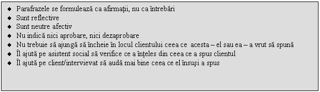 Text Box: . Parafrazele se formuleaza ca afirmatii, nu ca intrebari
. Sunt reflective
. Sunt neutre afectiv
. Nu indica nici aprobare, nici dezaprobare
. Nu trebuie sa ajunga sa incheie in locul clientului ceea ce acesta - el sau ea - a vrut sa spuna
. Il ajuta pe asistent social sa verifice ce a inteles din ceea ce a spus clientul
. Il ajuta pe client/intervievat sa auda mai bine ceea ce el insusi a spus

