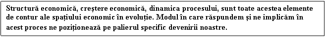 Text Box: Structura economica, crestere economica, dinamica procesului, sunt toate acestea elemente de contur ale spatiului economic in evolutie. Modul in care raspundem si ne implicam in acest proces ne pozitioneaza pe palierul specific devenirii noastre.