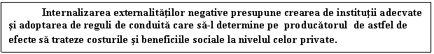 Text Box: Internalizarea externalitatilor negative presupune crearea de institutii adecvate si adoptarea de reguli de conduita care sa-l determine pe producatorul de astfel de efecte sa trateze costurile si beneficiile sociale la nivelul celor private. 