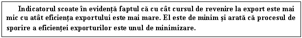 Text Box: Indicatorul scoate in evidenta faptul ca cu cat cursul de revenire la export este mai mic cu atat eficienta exportului este mai mare. El este de minim si arata ca procesul de sporire a eficientei exporturilor este unul de minimizare. 