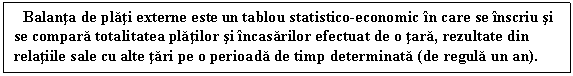 Text Box: Balanta de plati externe este un tablou statistico-economic in care se inscriu si se compara totalitatea platilor si incasarilor efectuat de o tara, rezultate din relatiile sale cu alte tari pe o perioada de timp determinata (de regula un an). 