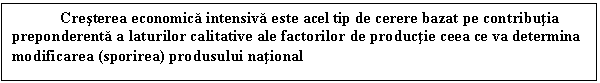 Text Box: Cresterea economica intensiva este acel tip de cerere bazat pe contributia preponderenta a laturilor calitative ale factorilor de productie ceea ce va determina modificarea (sporirea) produsului national