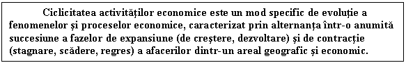 Text Box: Ciclicitatea activitatilor economice este un mod specific de evolutie a fenomenelor si proceselor economice, caracterizat prin alternanta intr-o anumita succesiune a fazelor de expansiune (de crestere, dezvoltare) si de contractie (stagnare, scadere, regres) a afacerilor dintr-un areal geografic si economic. 

