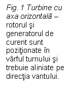 Text Box: Fig. 1 Turbine cu axa orizontala  rotorul si generatorul de curent sunt pozitionate in varful turnului si trebuie aliniate pe directia vantului.