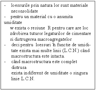 Text Box: - loessurile prin natura lor sunt materiale
neconsolidate
- pentru un material cu o anumita umiditate
 w exista o resiune R pentru care are loc 
 zdrobirea tuturor legaturilor de cimentare
 si distrugerea macroagregatelor
- deci pentru loessuri ĩn functie de umidi- tate exista mai multe linii (L.C.N.) cand macrostructura este intacta.
- cand macrostructura este complet distrusa 
exista indiferent de umiditate o singura linie L.C.N.

