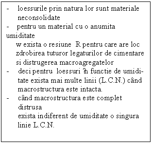 Text Box: - loessurile prin natura lor sunt materiale
neconsolidate
- pentru un material cu o anumita umiditate
 w exista o resiune R pentru care are loc 
 zdrobirea tuturor legaturilor de cimentare
 si distrugerea macroagregatelor
- deci pentru loessuri ĩn functie de umidi- tate exista mai multe linii (L.C.N.) cand macrostructura este intacta.
- cand macrostructura este complet distrusa 
exista indiferent de umiditate o singura linie L.C.N.

