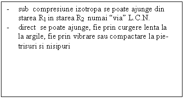 Text Box: - sub compresiune izotropa se poate ajunge din starea R1 in starea R2 numai via L.C.N.
- direct se poate ajunge, fie prin curgere lenta la
la argile, fie prin vibrare sau compactare la pie-
trisuri si nisipuri
