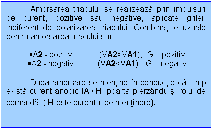 Text Box: Amorsarea triacului se realizeaza prin impulsuri de curent, pozitive sau negative, aplicate grilei, indiferent de polarizarea triacului. Combinatiile uzuale pentru amorsarea triacului sunt:

 A2 - pozitiv (VA2>VA1), G  pozitiv
 A2 - negativ (VA2<VA1), G  negativ

Dupa amorsare se mentine in conductie cat timp exista curent anodic IA>IH, poarta pierzandu-si rolul de comanda. (IH este curentul de mentinere).
