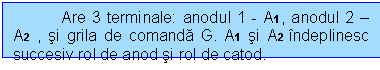 Text Box: Are 3 terminale: anodul 1 - A1, anodul 2  A2 , si grila de comanda G. A1 si A2 indeplinesc succesiv rol de anod si rol de catod.