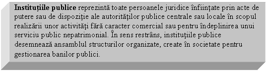 Text Box: Institutiile publice reprezinta toate persoanele juridice infiintate prin acte de putere sau de dispozitie ale autoritatilor publice centrale sau locale in scopul realizarii unor activitati fara caracter comercial sau pentru indeplinirea unui serviciu public nepatrimonial. In sens restrans, institutiile publice desemneaza ansamblul structurilor organizate, create in societate pentru gestionarea banilor publici.