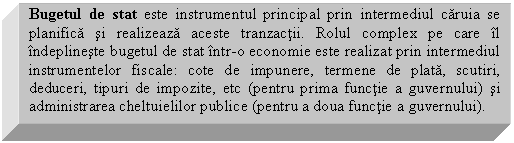 Text Box: Bugetul de stat este instrumentul principal prin intermediul caruia se planifica si realizeaza aceste tranzactii. Rolul complex pe care il indeplineste bugetul de stat intr-o economie este realizat prin intermediul instrumentelor fiscale: cote de impunere, termene de plata, scutiri, deduceri, tipuri de impozite, etc (pentru prima functie a guvernului) si administrarea cheltuielilor publice (pentru a doua functie a guvernului).

