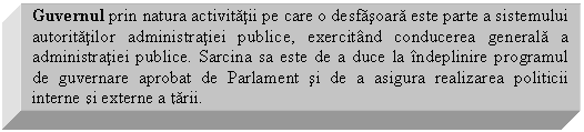 Text Box: Guvernul prin natura activitatii pe care o desfasoara este parte a sistemului autoritatilor administratiei publice, exercitand conducerea generala a administratiei publice. Sarcina sa este de a duce la indeplinire programul de guvernare aprobat de Parlament si de a asigura realizarea politicii interne si externe a tarii. 

