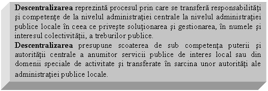 Text Box: Descentralizarea reprezinta procesul prin care se transfera responsabilitati si competente de la nivelul administratiei centrale la nivelul administratiei publice locale in ceea ce priveste solutionarea si gestionarea, in numele si interesul colectivitatii, a treburilor publice.
Descentralizarea presupune scoaterea de sub competenta puterii si autoritatii centrale a anumitor servicii publice de interes local sau din domenii speciale de activitate si transferate in sarcina unor autoritati ale administratiei publice locale.
