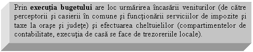 Text Box: Prin executia bugetului are loc urmarirea incasarii veniturilor (de catre perceptorii si casierii in comune si functionarii serviciilor de impozite si taxe la orase si judete) si efectuarea cheltuielilor (compartimentelor de contabilitate, executia de casa se face de trezoreriile locale). 

