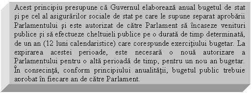 Text Box: Acest principiu presupune ca Guvernul elaboreaza anual bugetul de stat si pe cel al asigurarilor sociale de stat pe care le supune separat aprobarii Parlamentului si este autorizat de catre Parlament sa incaseze venituri publice si sa efectueze cheltuieli publice pe o durata de timp determinata, de un an (12 luni calendaristice) care corespunde exercitiului bugetar. La expirarea acestei perioade, este necesara o noua autorizare a Parlamentului pentru o alta perioada de timp, pentru un nou an bugetar. In consecinta, conform principiului anualitatii, bugetul public trebuie aprobat in fiecare an de catre Parlament. 

