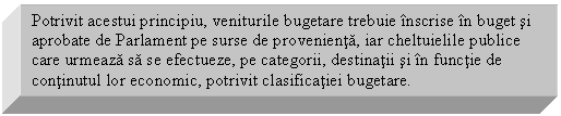 Text Box: Potrivit acestui principiu, veniturile bugetare trebuie inscrise in buget si aprobate de Parlament pe surse de provenienta, iar cheltuielile publice care urmeaza sa se efectueze, pe categorii, destinatii si in functie de continutul lor economic, potrivit clasificatiei bugetare.