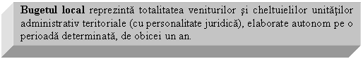 Text Box: Bugetul local reprezinta totalitatea veniturilor si cheltuielilor unitatilor administrativ teritoriale (cu personalitate juridica), elaborate autonom pe o perioada determinata, de obicei un an. 
.
