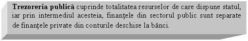 Text Box: Trezoreria publica cuprinde totalitatea resurselor de care dispune statul, iar prin intermediul acesteia, finantele din sectorul public sunt separate de finantele private din conturile deschise la banci.