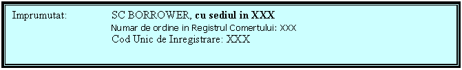 Text Box: Imprumutat: SC BORROWER, cu sediul in XXX
 Numar de ordine in Registrul Comertului: XXX
 Cod Unic de Inregistrare: XXX
 
 


