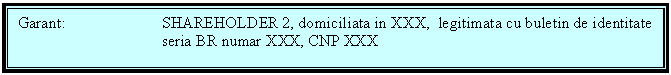 Text Box: Garant: SHAREHOLDER 2, domiciliata in XXX, legitimata cu buletin de identitate seria BR numar XXX, CNP XXX

 


