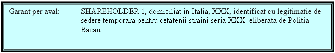 Text Box: Garant per aval: SHAREHOLDER 1, domiciliat in Italia, XXX, identificat cu legitimatie de sedere temporara pentru cetatenii straini seria XXX eliberata de Politia Bacau

 


