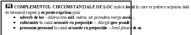 Text Box: & COMPLEMENTUL CIRCUMSTANTIALE DE LOC indica locul in care se petrece actiunea data de termenul regent si se poate exprima prin: 
 adverb de loc  Maria vine aici, maine, iar poimaine merge acolo.; 
 substantiv in cazul acuzativ cu prepozitie  Alerga spre scoala.; 
 pronume personal in cazul acuzativ cu prepozitie  Ionel pleaca la ea.
