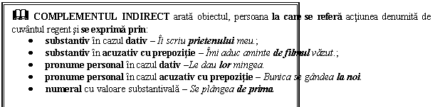 Text Box: & COMPLEMENTUL INDIRECT arata obiectul, persoana la care se refera actiunea denumita de cuvantul regent si se exprima prin: 
 substantiv in cazul dativ  Ii scriu prietenului meu.; 
 substantiv in acuzativ cu prepozitie  Imi aduc aminte de filmul vazut.;
 pronume personal in cazul dativ Le dau lor mingea.
 pronume personal in cazul acuzativ cu prepozitie  Bunica se gandea la noi.
 numeral cu valoare substantivala  Se plangea de prima.
