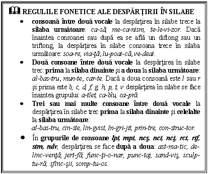 Text Box: & REGULILE FONETICE ALE DESPARTIRII IN SILABE
 consoana intre doua vocale la despartirea in silabe trece la silaba urmatoare: ca-sa, me-ca-nism, te-le-vi-zor. Daca inaintea consoanei sau dupa ea se afla un diftong sau un triftong, la despartirea in silabe consoana trece in silaba urmatoare: soa-re, via-ta; lu-poai-ca, ve-deai.
 Doua consoane intre doua vocale la despartirea in silabe trec: prima la silaba dinainte si a doua la silaba urmatoare: al-bas-tru, mun-te, car-te. Daca a doua consoana este l sau r si prima este b, c, d, f, g, h, p, t, v despartirea in silabe se face inaintea grupului: a-tlet, ca-blu, ca-pra.
 Trei sau mai multe consoane intre doua vocale la despartirea in silabe trec prima la silaba dinainte si celelalte la silaba urmatoare:
al-bas-tru, cin-ste, lin-gvist, in-gri-jit, prin-tre, con-struc-tor.
 In grupurile de consoane lpt, mpt, ncs, nct, nct, rct, rtf, stm, ndv, despartirea se face dupa a doua: ast-ma-tic, de-linc-venta, jert-fa, func-ti-o-nar, punc-taj, sand-vis, sculp-tu-ra, sfinc-sii, somp-tu-os.
