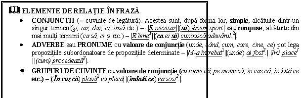 Text Box: & ELEMENTE DE RELATIE IN FRAZA
 CONJUNCTII (= cuvinte de legatura). Acestea sunt, dupa forma lor, simple, alcatuite dintr-un singur termen (si, iar, dar, ci, insa etc.)  |E necesar||(sa) facem sport| sau compuse, alcatuite din mai multi termeni (ca sa, ci si etc.)  |E bine1||(ca ei sa) cunoasca adevarul.2|.
 ADVERBE sau PRONUME cu valoare de conjunctie (unde, cand, cum, care, cine, ce) pot lega propozitiile subordonatoare de propozitiile determinate  |M-a intrebat1||(unde) ai fost2.Imi place1 ||(cum) procedeaza2|.
 GRUPURI DE CUVINTE cu valoare de conjunctie (cu toate ca, pe motiv ca, in caz ca, indata ce etc.)  |(In caz ca) ploua1 va pleca(indata ce) va sosi2.|.
