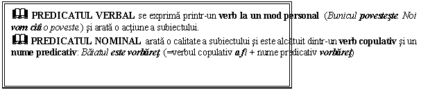 Text Box: & PREDICATUL VERBAL se exprima printr-un verb la un mod personal (Bunicul povesteste. Noi vom citi o poveste.) si arata o actiune a subiectului. 
& PREDICATUL NOMINAL arata o calitate a subiectului si este alcatuit dintr-un verb copulativ si un nume predicativ: Baiatul este vorbaret. (=verbul copulativ a fi + nume predicativ vorbaret)

