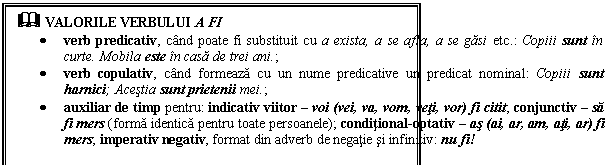 Text Box: & VALORILE VERBULUI A FI
 verb predicativ, cand poate fi substituit cu a exista, a se afla, a se gasi etc.: Copiii sunt in curte. Mobila este in casa de trei ani.;
 verb copulativ, cand formeaza cu un nume predicative un predicat nominal: Copiii sunt harnici; Acestia sunt prietenii mei.; 
 auxiliar de timp pentru: indicativ viitor  voi (vei, va, vom, veti, vor) fi citit; conjunctiv  sa fi mers (forma identica pentru toate persoanele); conditional-optativ  as (ai, ar, am, ati, ar) fi mers; imperativ negativ, format din adverb de negatie si infinitiv: nu fi! 
