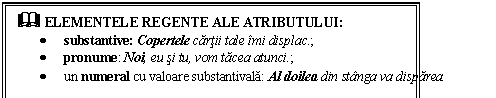 Text Box: & ELEMENTELE REGENTE ALE ATRIBUTULUI:
 substantive: Copertele cartii tale imi displac.; 
 pronume: Noi, eu si tu, vom tacea atunci.; 
 un numeral cu valoare substantivala: Al doilea din stanga va disparea.
