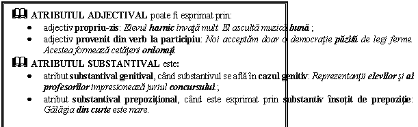 Text Box: & ATRIBUTUL ADJECTIVAL poate fi exprimat prin: 
 adjectiv propriu-zis: Elevul harnic invata mult. El asculta muzica buna.; 
 adjectiv provenit din verb la participiu: Noi acceptam doar o democratie pazita de legi ferme. Acestea formeaza cetateni ordonati.
& ATRIBUTUL SUBSTANTIVAL este:
 atribut substantival genitival, cand substantivul se afla in cazul genitiv: Reprezentantii elevilor si ai profesorilor impresioneaza juriul concursului.; 
 atribut substantival prepozitional, cand este exprimat prin substantiv insotit de prepozitie: Galagia din curte este mare.
