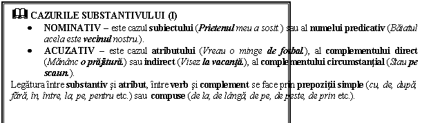 Text Box: & CAZURILE SUBSTANTIVULUI (I)
 NOMINATIV  este cazul subiectului (Prietenul meu a sosit.) sau al numelui predicativ (Baiatul acela este vecinul nostru.). 
 ACUZATIV  este cazul atributului (Vreau o minge de fotbal.), al complementului direct (Mananc o prajitura.) sau indirect (Visez la vacanta.), al complementului circumstantial (Stau pe scaun.). 
Legatura intre substantiv si atribut, intre verb si complement se face prin prepozitii simple (cu, de, dupa, fara, in, intre, la, pe, pentru etc.) sau compuse (de la, de langa, de pe, de peste, de prin etc.).
