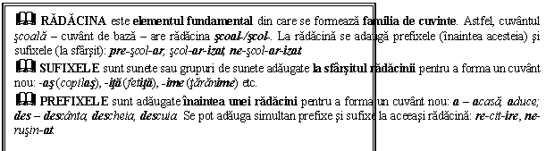 Text Box: & RADACINA este elementul fundamental din care se formeaza familia de cuvinte. Astfel, cuvantul scoala  cuvant de baza  are radacina scoal /scol . La radacina se adauga prefixele (inaintea acesteia) si sufixele (la sfarsit): pre-scol ar, scol ar izat, ne scol ar izat. 
& SUFIXELE sunt sunete sau grupuri de sunete adaugate la sfarsitul radacinii pentru a forma un cuvant nou: -as (copilas), -ita (fetita), -ime (taranime) etc.
& PREFIXELE sunt adaugate inaintea unei radacini pentru a forma un cuvant nou: a  acasa, aduce; des  descanta, descheia, descuia. Se pot adauga simultan prefixe si sufixe la aceeasi radacina: re-cit-ire, ne-rusin-at. 
