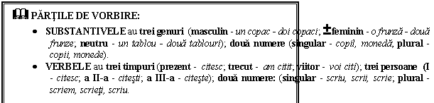 Text Box: & PARTILE DE VORBIRE:
 SUBSTANTIVELE au trei genuri (masculin - un copac - doi copaci;  feminin - o frunza - doua frunze; neutru - un tablou - doua tablouri); doua numere (singular - copil, moneda; plural - copii, monede).
 VERBELE au trei timpuri (prezent - citesc; trecut - am citit; viitor - voi citi); trei persoane (I - citesc; a II-a - citesti; a III-a - citeste); doua numere: (singular - scriu, scrii, scrie; plural - scriem, scrieti, scriu.
