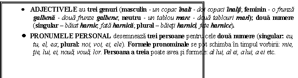 Text Box:  ADJECTIVELE au trei genuri (masculin - un copac inalt - doi copaci inalti; feminin - o frunza galbena - doua frunze galbene; neutru - un tablou mare - doua tablouri mari); doua numere (singular  baiat harnic, fata harnica; plural  baieti harnici, fete harnice).
 PRONUMELE PERSONAL desemneaza trei persoane pentru cele doua numere (singular: eu, tu, el, ea; plural: noi, voi, ei, ele). Formele pronominale se pot schimba in timpul vorbirii: mie, tie, lui, ei, noua, voua, lor. Persoana a treia poate avea si formele: al lui, al ei, a lui, a ei etc.
