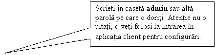 Rectangular Callout: Scrieti in caseta admin sau alta parola pe care o doriti. Atentie nu o uitati, o veti folosi la intrarea in aplicatia client pentru configurari.