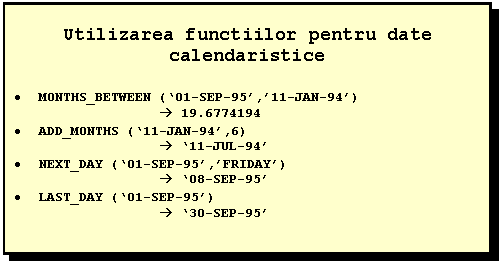 Text Box: Utilizarea functiilor pentru date calendaristice

 MONTHS_BETWEEN (01-SEP-95,11-JAN-94)
  19.6774194
 ADD_MONTHS (11-JAN-94,6)
  11-JUL-94
 NEXT_DAY (01-SEP-95,FRIDAY)
  08-SEP-95
 LAST_DAY (01-SEP-95)
  30-SEP-95 

