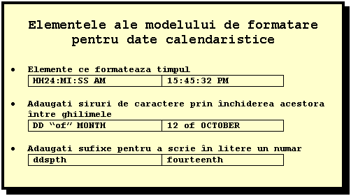 Text Box: Elementele ale modelului de formatare pentru date calendaristice

 Elemente ce formateaza timpul
HH24:MI:SS AM 15:45:32 PM

 Adaugati siruri de caractere prin inchiderea acestora intre ghilimele
DD of MONTH 12 of OCTOBER

 Adaugati sufixe pentru a scrie in litere un numar 
ddspth fourteenth


