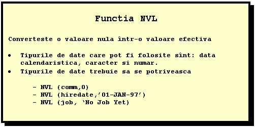 Text Box: Functia NVL

Converteste o valoare nula intr-o valoare efectiva

 Tipurile de date care pot fi folosite sint: data calendaristica, caracter si numar.
 Tipurile de date trebuie sa se potriveasca

 - NVL (comm,0)
 - NVL (hiredate,01-JAN-97)
 - NVL (job, No Job Yet)







