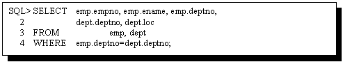 Text Box: SQL> SELECT emp.empno, emp.ename, emp.deptno,
 2 dept.deptno, dept.loc
3 FROM emp, dept
4 WHERE emp.deptno=dept.deptno;

