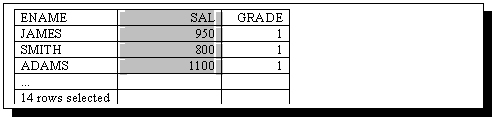 Text Box: ENAME SAL GRADE
JAMES 950 1
SMITH 800 1
ADAMS 1100 1
 
14 rows selected 


