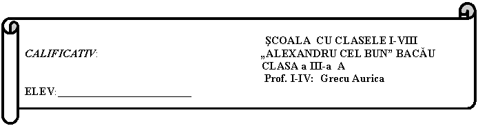 Horizontal Scroll: SCOALA CU CLASELE I-VIII 
CALIFICATIV: 