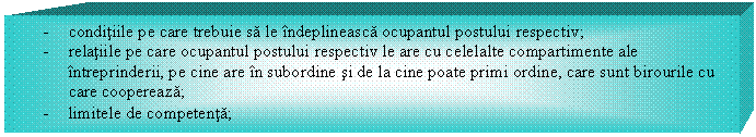 Text Box: - conditiile pe care trebuie sa le indeplineasca ocupantul postului respectiv;
- relatiile pe care ocupantul postului respectiv le are cu celelalte compartimente ale intreprinderii, pe cine are in subordine si de la cine poate primi ordine, care sunt birourile cu care coopereaza;
- limitele de competenta;
