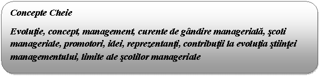 Rounded Rectangle: Concepte Cheie
Evolutie, concept, management, curente de gandire manageriala, scoli manageriale, promotori, idei, reprezentanti, contributii la evolutia stiintei managementului, limite ale scolilor manageriale

