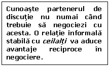 Text Box: Cunoaste partenerul de discutie nu numai cand trebuie sa negociezi cu acesta. O relatie informala stabila cu ceilalti  va aduce avantaje reciproce in negociere.